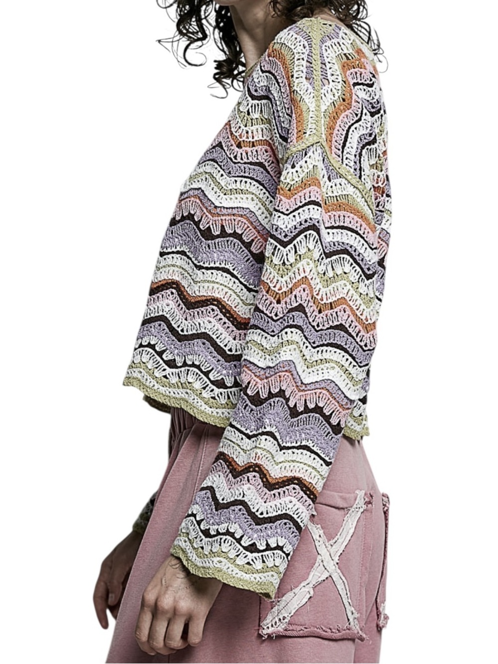 POL Multi Color Crochet Bell Sleeve Knit Top - Picture 4 of 7